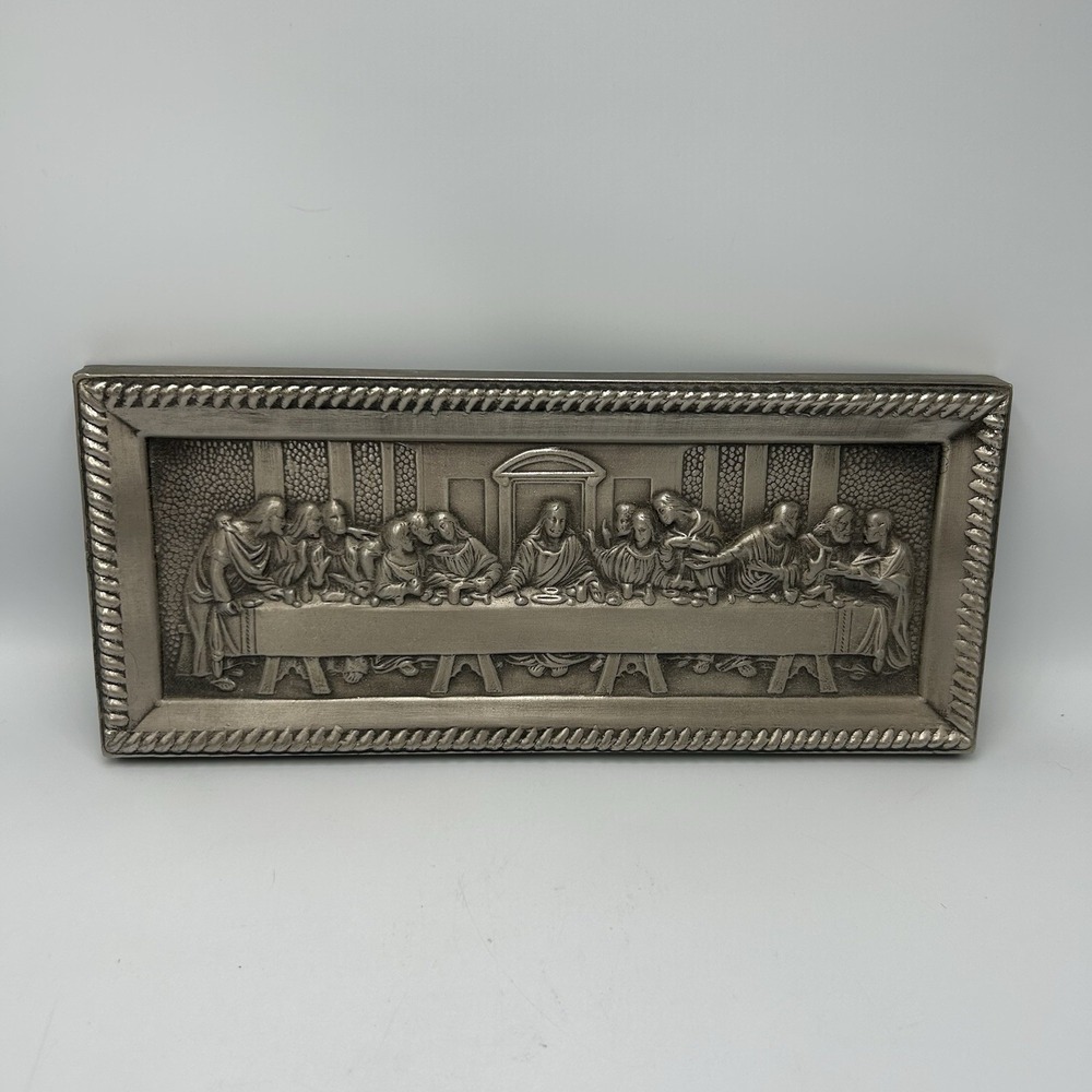 Vintage Pewter Silver Tone THE LAST SUPPER Religious Plaque Wall Art 11x5